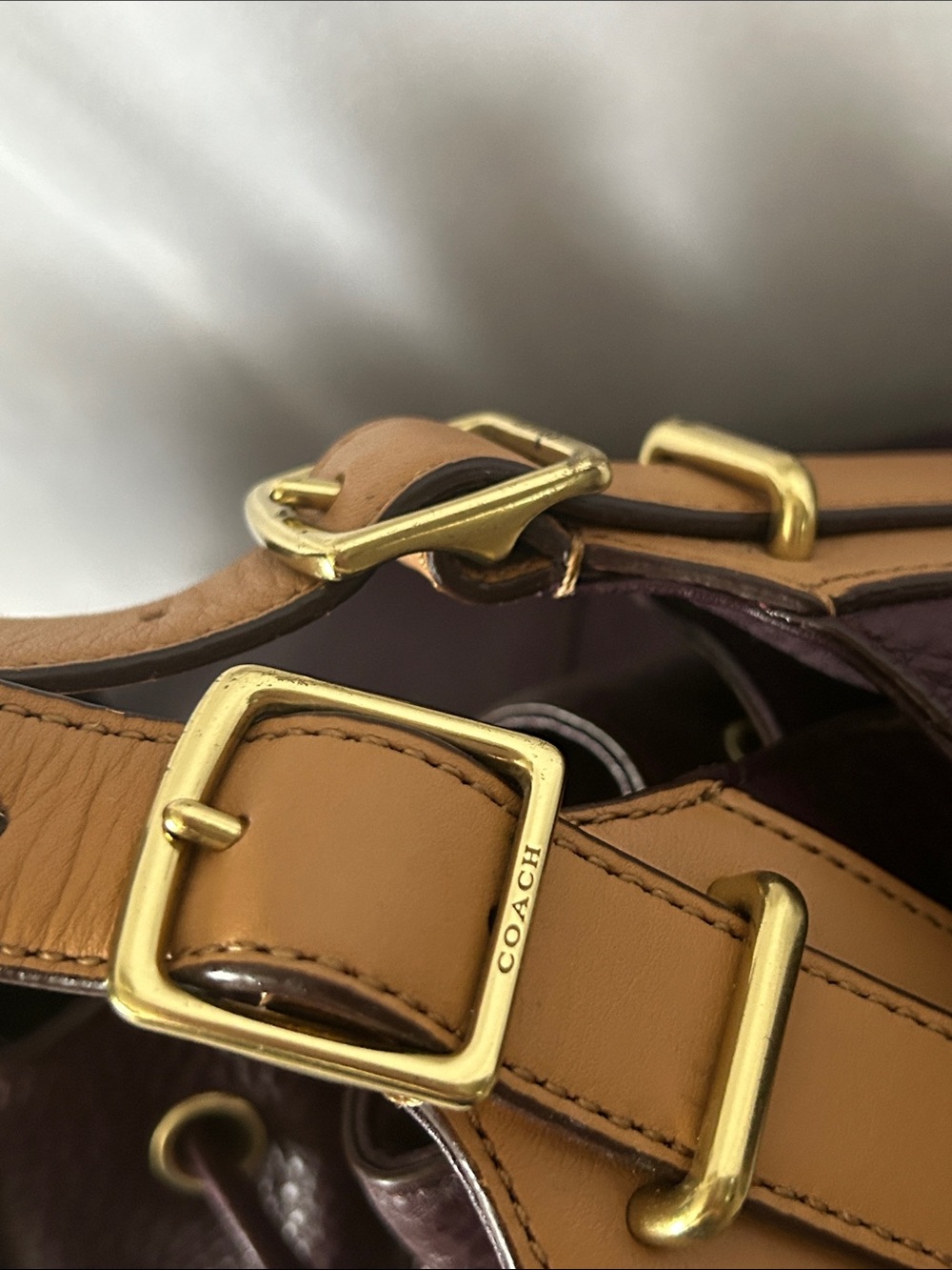 COACH Soft Legacy XI Eggplant Purple Pebbled Leather Drawstring Tote Bag Purse 🌺 - Picture 8 of 11